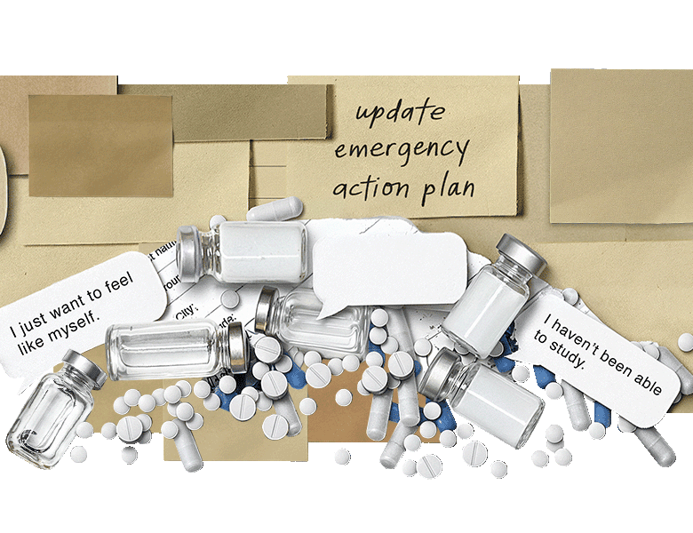 Image composed of HAE treatment items and text bubbles and sticky notes that say, "I just want to feel like myself," "Update emergency action plan," and "I haven't been able to study."