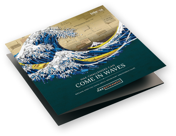 A patient brochure titled "HAE Challenges Can Come in Waves". The cover features artwork of a large wave, with the HAE Reframed logo below.