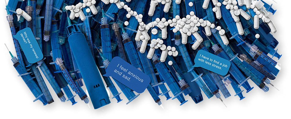 Image composed of HAE treatment items and text bubbles and sticky notes that say, "Why was my renewal denied," "I feel anxious and sad," and "I have to find a job with less stress."