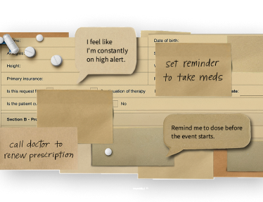 Image composed of HAE treatment items and text bubbles and sticky notes that say, "Set reminder to take meds," "Remind me to dose before the event starts," "I feel like I'm constantly on high alert," and "Call doctor to renew prescription."