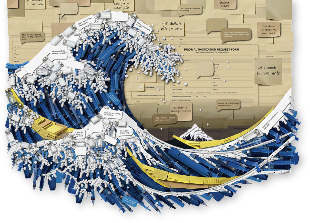 Image of a wave composed of HAE treatment items, text bubbles, and sticky notes.