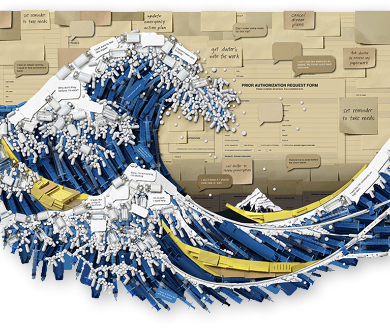 Image of a wave composed of HAE treatment items, text bubbles, and sticky notes.