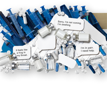 Image composed of HAE treatment items and text bubbles and sticky notes that say, "It feels like a frog in my throat," "Sorry, I'm not coming. I'm swelling," and "I'm in pain. I need help."