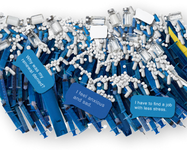 Image composed of HAE treatment items and text bubbles and sticky notes that say, "Why was my renewal denied," "I feel anxious and sad," and "I have to find a job with less stress."